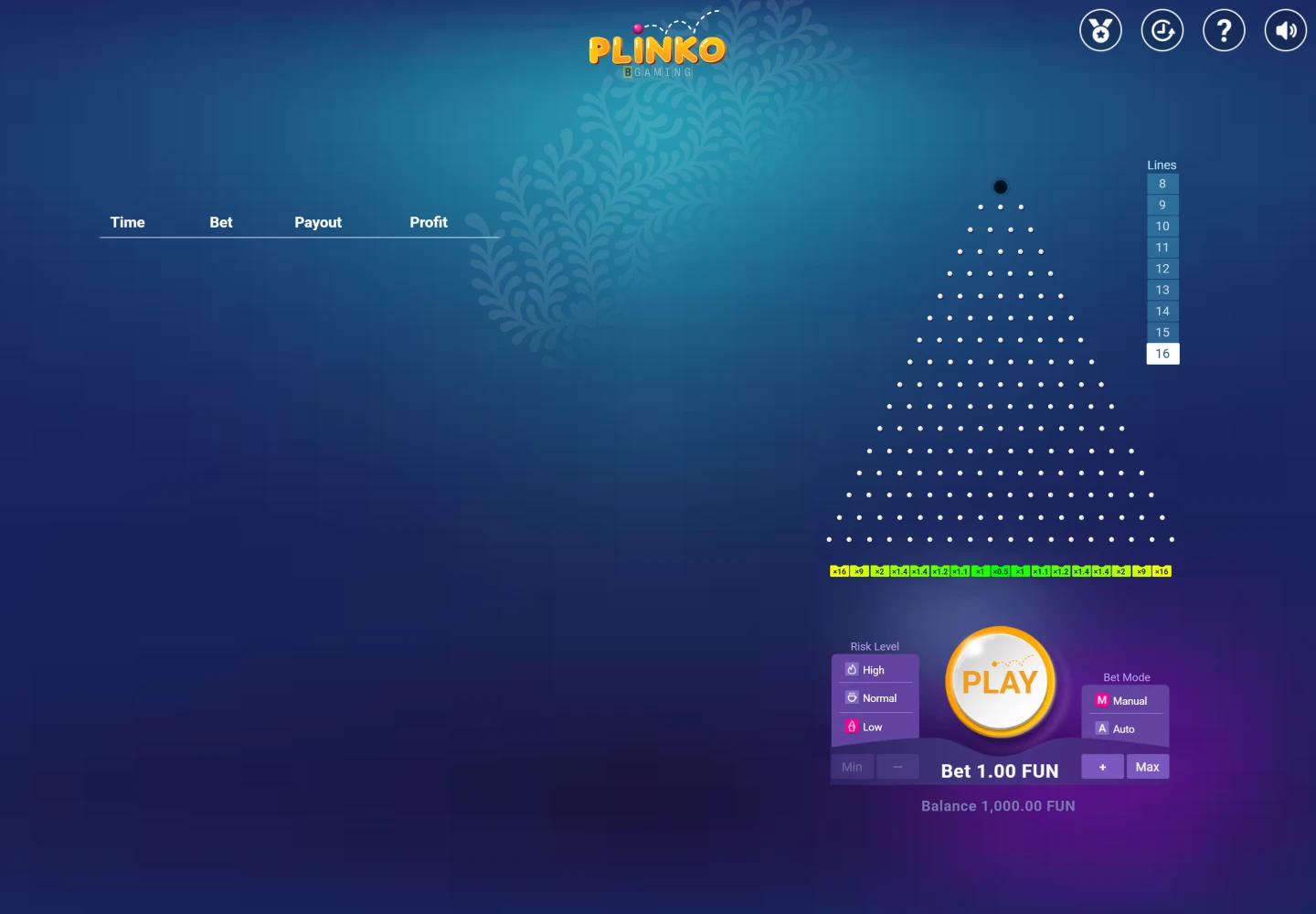 BGaming Plinko demo showing 16 rows and Low risk, with the actual payout pockets and controls BGaming Plinko demo showing 16 rows and Low risk, with the actual payout pockets and controls