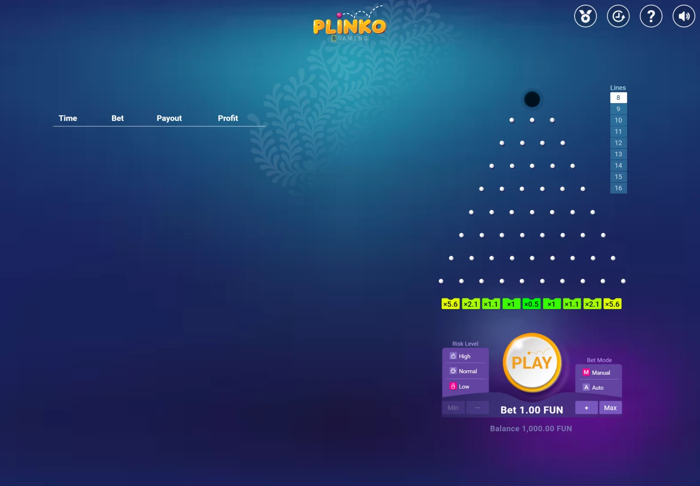 BGaming Plinko demo showing 8 rows and Low risk, with the actual payout pockets and controls BGaming Plinko demo showing 8 rows and Low risk, with the actual payout pockets and controls